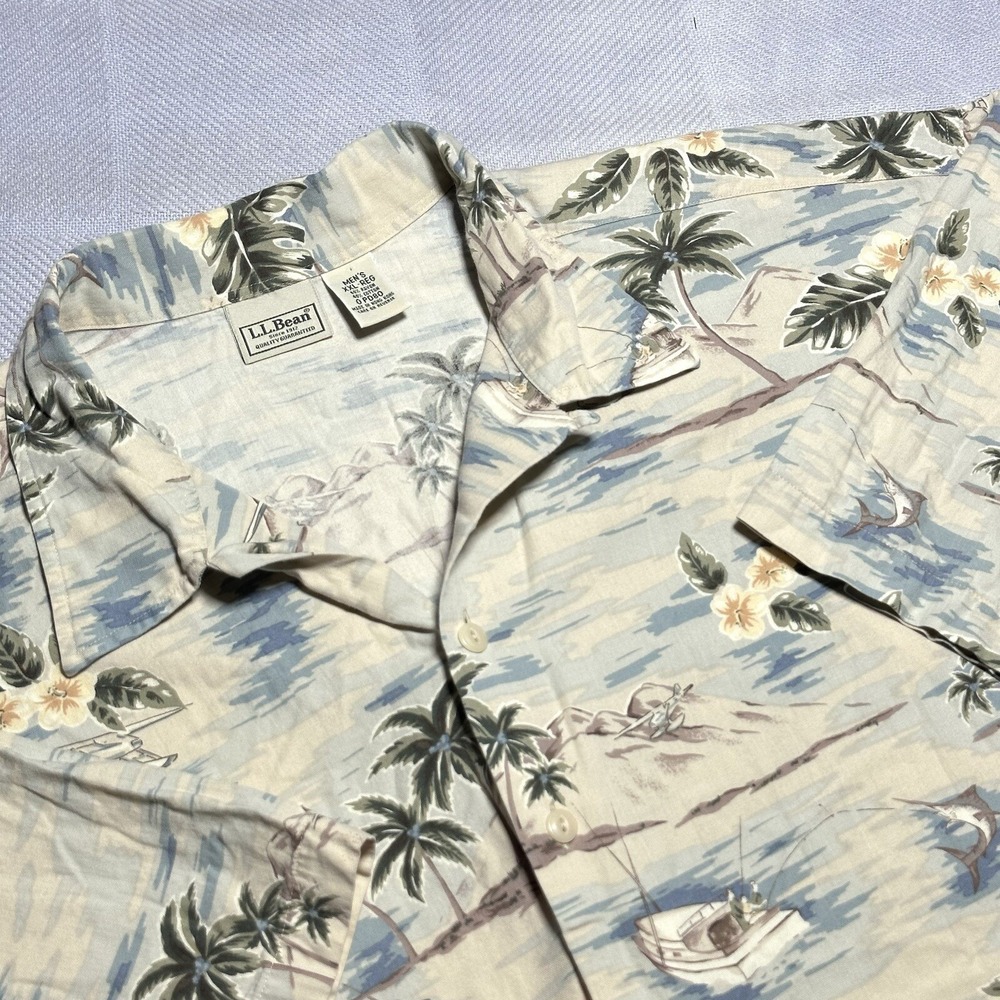 LL Bean Tropical Beach Island Print Camp‎ Hawaiian Button Camp Shirt Size 2XL
